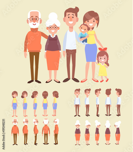 Family characters creation set - grandfather, grandmother, mom, dad, kids. Front, side, back view animated character. Cartoon style, flat vector illustration. 