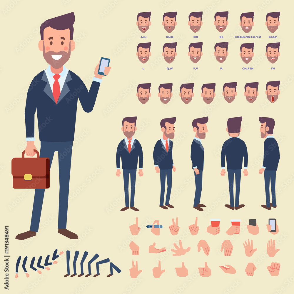 Front, side, back view animated character. Business man character constructor with various views, hairstyles, poses and gestures. Cartoon style, flat vector illustration. Front, side, back view animated character. Business man character constructor with various views, hairstyles, poses and gestures. Cartoon style, flat vector illustration.