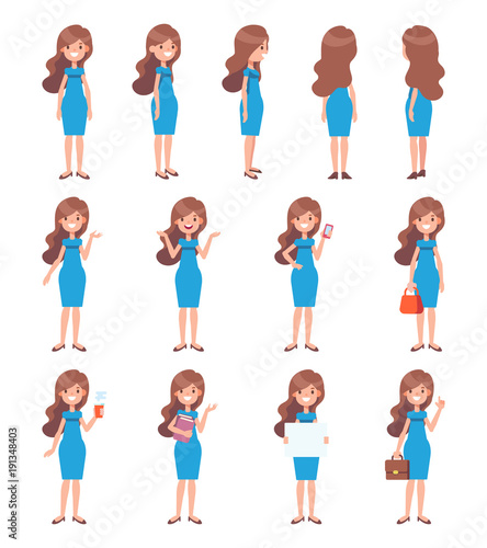 Vector character in flat style for design and animation. Pretty woman in different poses. Front, side, back view. 