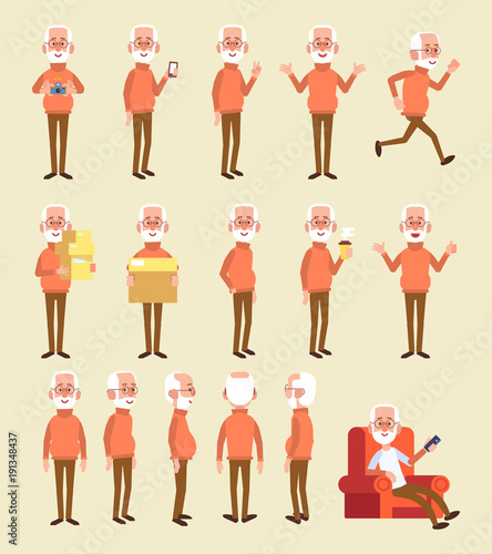 Old man character vector set. Flat style illustration.