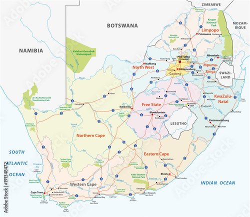 Obraz na plátně south africa road, administrative and political vector map