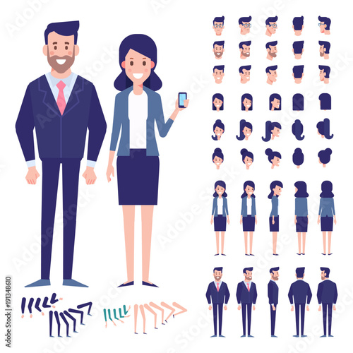 Vector character set for animation.Business people - man and woman. Front, side, back view animated characters. 