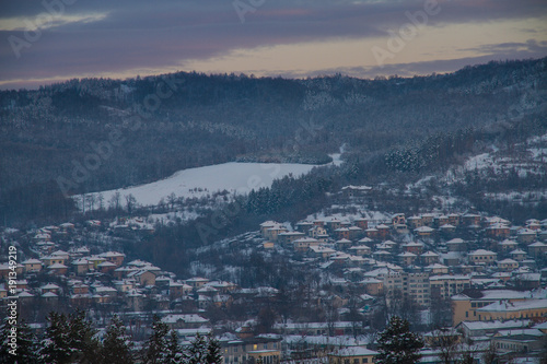 The village Tryavna in winter. Sunset