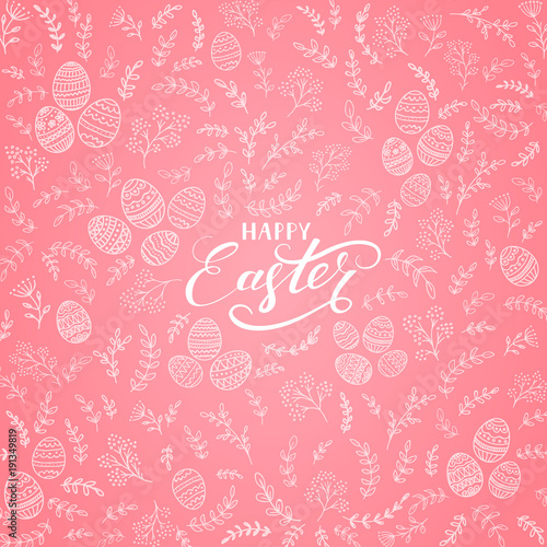 Easter decoration on pink background with floral elements and eggs © losw100