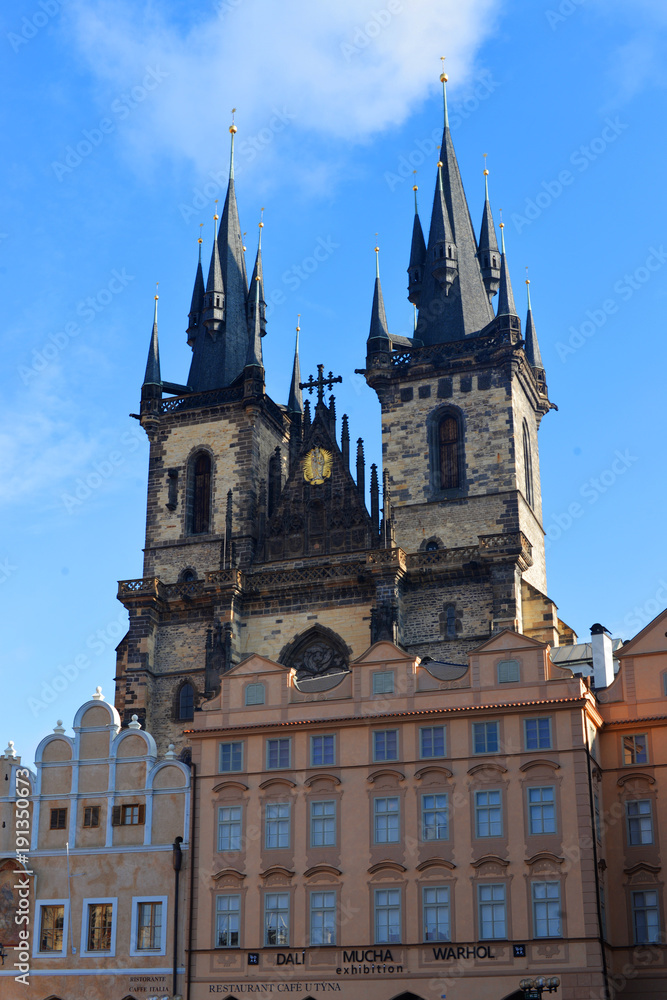 Fototapeta premium View of the Tinsky church church on the square of the main old town. (Staré Město) in the Czech Republic Prague. On the Old Town Square (Staroměstské náměstí)