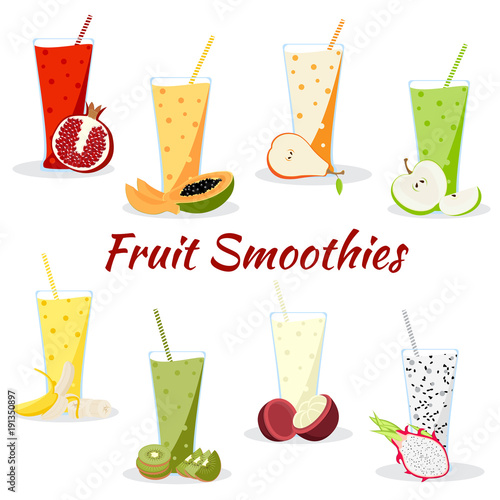 Cartoon smoothies set. Fruit smoothies in glass isolated on white background