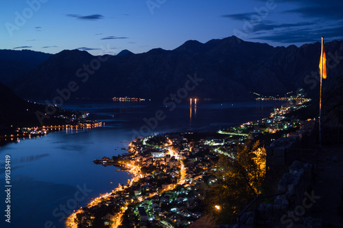 Panorama of Kotor Bay with Mountain Scenery Seen from Lookout at Night, Montenegro