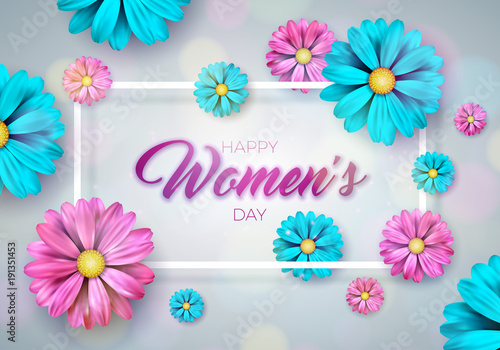 Happy Womens Day Floral Greeting card. International Holiday Illustration with Flower Design on Pink Background. Vector 8 March Spring Template.