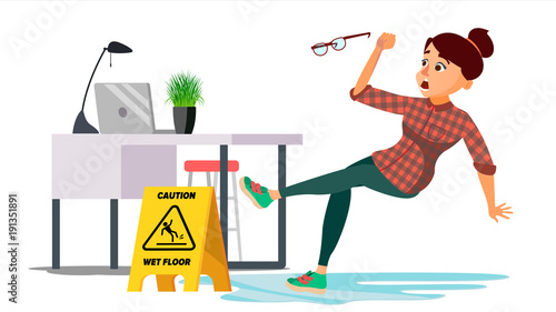 Woman Slips On Wet Floor Vector. Caution Sign. Isolated Flat Cartoon Character Illustration