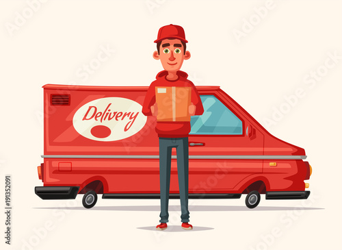 Delivery service by van. Car for parcel delivery. Cartoon vector illustration