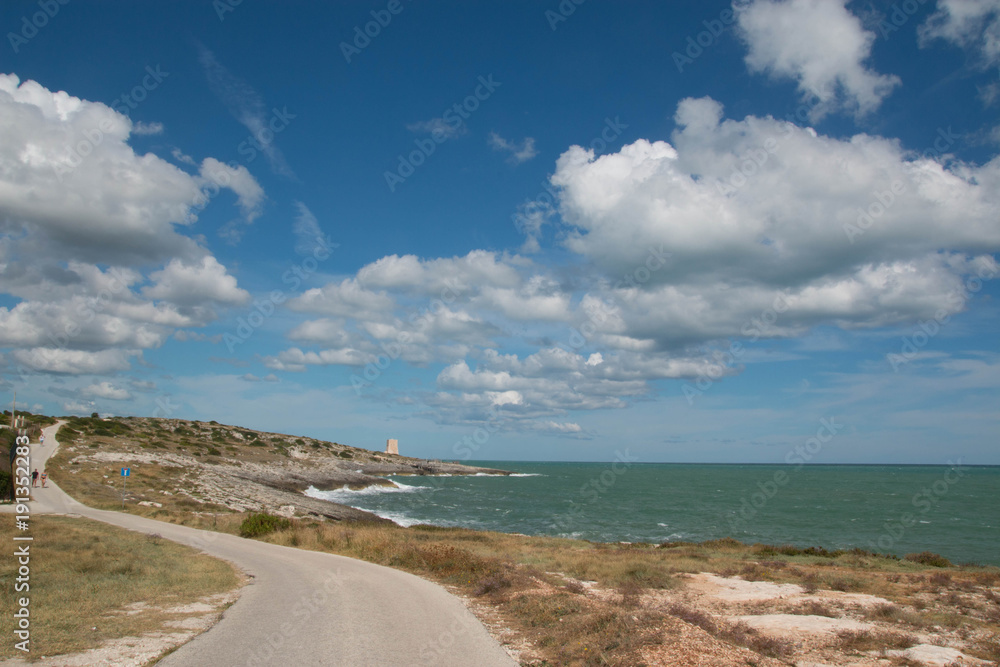 Sea landscape, blue sky with white fluffy clouds, and winding coastal road. Vieste, Puglia, Italy. Sea landscape, blue sky with white fluffy clouds, and winding coastal road. Vieste, Puglia, Italy.