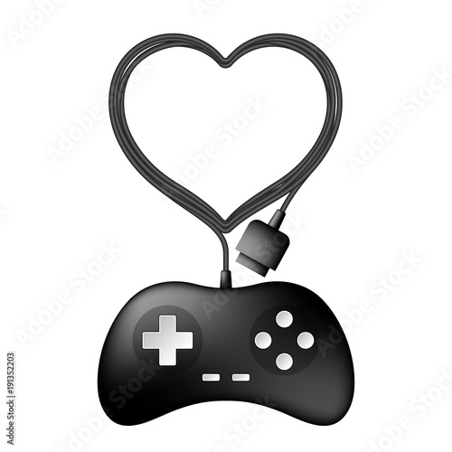Gamepad or joypad black color and heart symbol made from cable design illustration isolated on white background, with copy space
