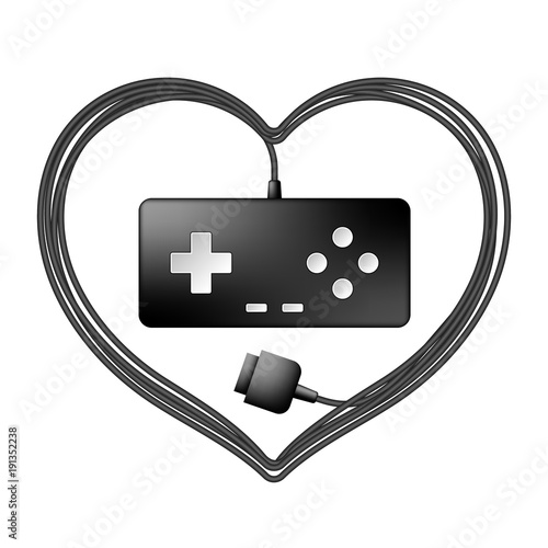 Gamepad or joypad black color and heart frame made from cable design illustration isolated on white background, with copy space