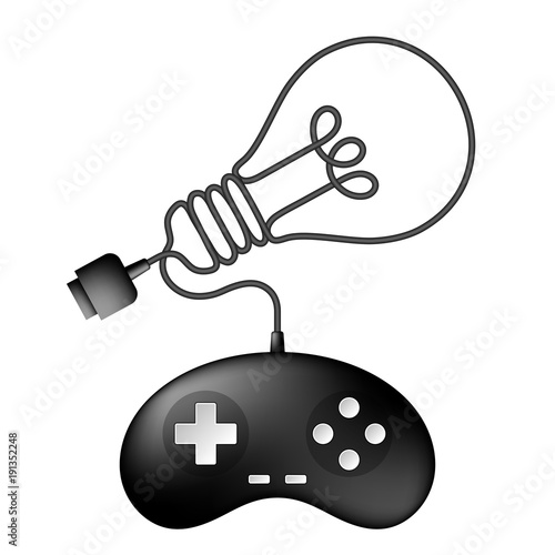 Gamepad or joypad black color and Incandescent light bulb symbol made from cable design illustration isolated on white background, with copy space