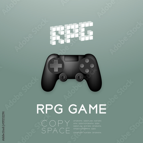 Gamepad or joypad black color and RPG pixel text symbol, design illustration isolated on green gradient background, with copy space