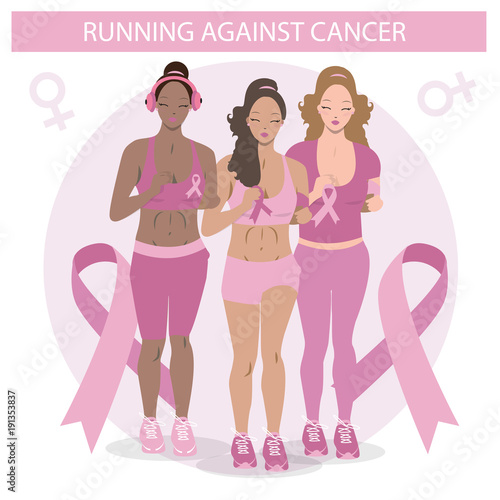Cute group of girls running against cancer. Black and White Flat Illustration of Women.


