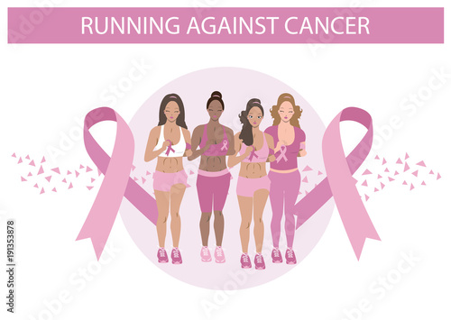 Cute group of girls running against cancer. Black and White Flat Illustration of Women.

