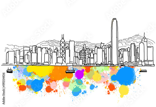 Colorful Hong Kong Skyline Sketch
