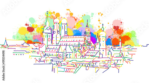 Colorful Munich Skyline Sketch