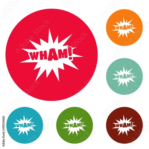 Comic boom wham icons circle set vector isolated on white background