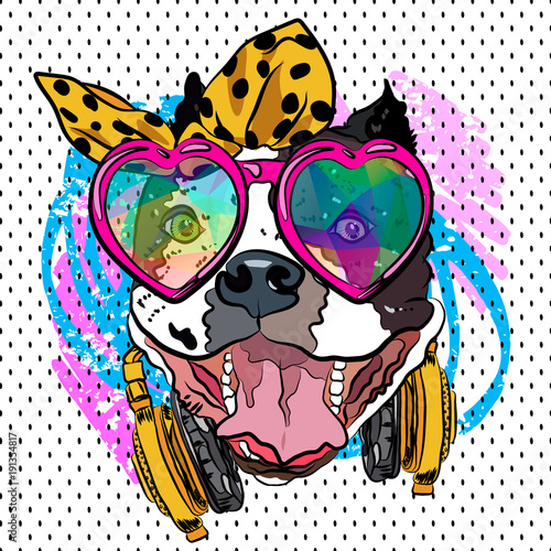 Cartoon dog print. Fun poster. Sketch vector comic portrait. Cool girl.