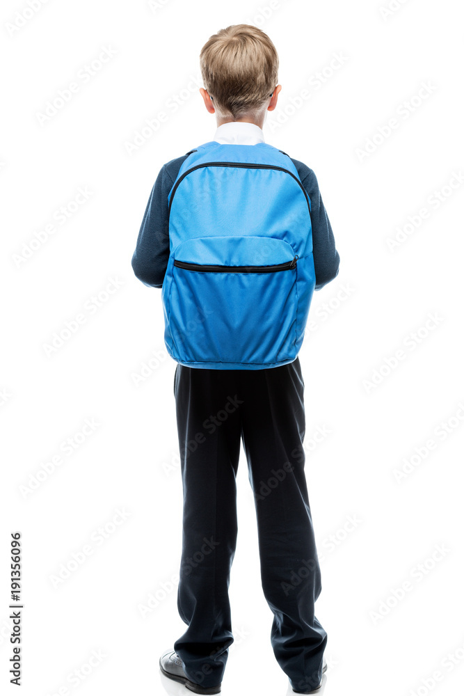 schoolboy with backpack view from behind on white background isolated schoolboy with backpack view from behind on white background isolated