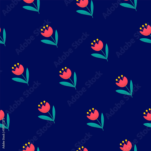 Seamless floral pattern with red flowers on blue background. Ornament for textile and wrapping. Vector.