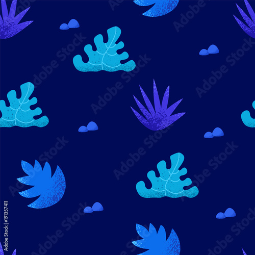 Summer seamless pattern with tropical plants on blue background. Ornament for textile and wrapping. Vector.