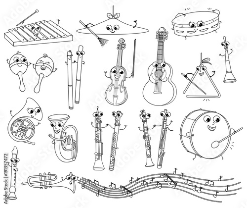 Set of funny coloring musical instruments for kids vector