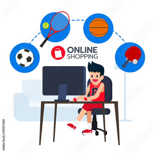 Happy sportman sit in front computer, search and buy with football, table tennis, basketball, tennis  icon from e-commerce. Shopping online. Vector illustration
