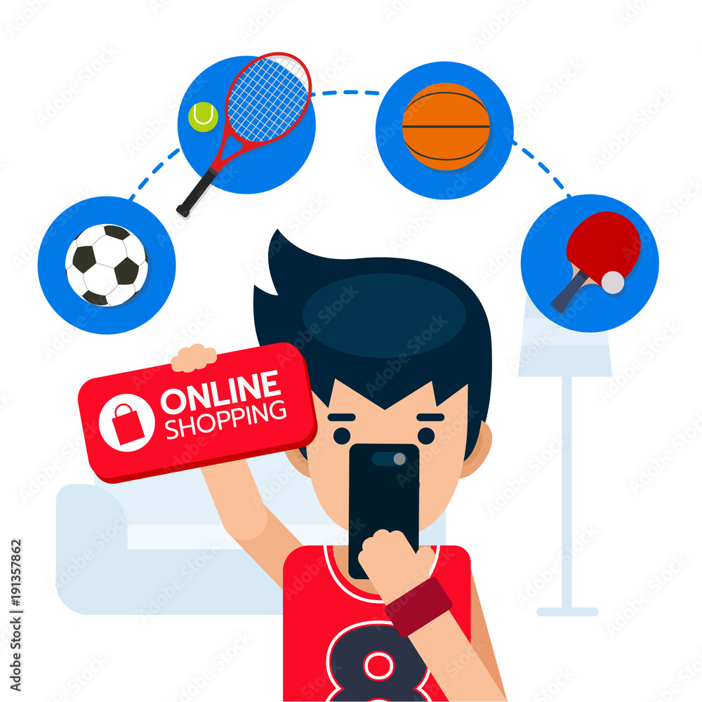 Happy sportman holding online shopping sign and mobile, search and buy sport equipment, football, table tennis, basketball, tennis icon from e-commerce