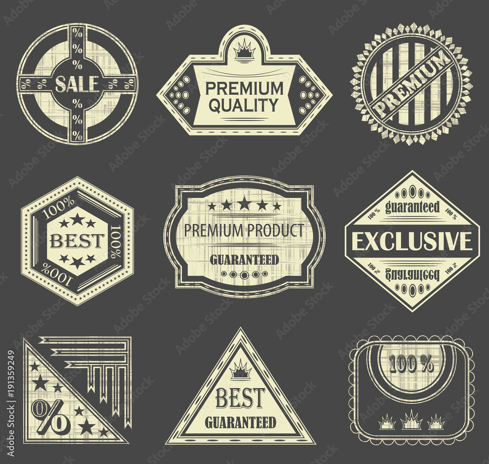Vector set of vintage labels. Premium labels. Grunge design