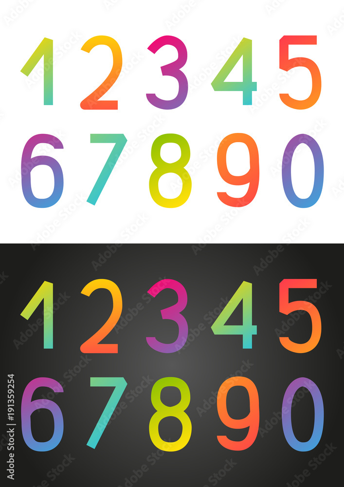 Set of rainbow numbers on white and dark backgrounds Set of rainbow numbers on white and dark backgrounds