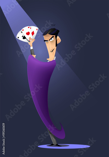 Man character magician hold pocker playing cards