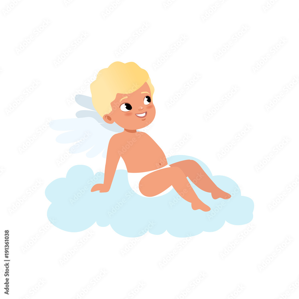 Baby Cupid character sitting on a cloud, Happy Valentines Day concept vector Illustration