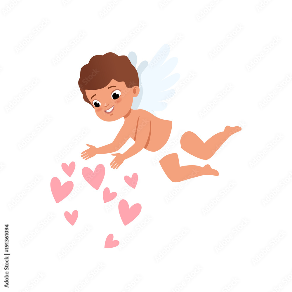 Baby Cupid character flying and throwing pink hearts down, Happy Valentines Day concept vector Illustration Baby Cupid character flying and throwing pink hearts down, Happy Valentines Day concept vector Illustration