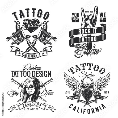 Set of tattoo emblems, labels, badges, logos. Isolated on white