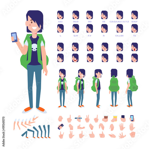 Front, side, back view animated character. Teenager boy character creation set with various views, hairstyles, face emotions, poses and gestures. Cartoon style, flat vector illustration. 