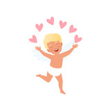 Sweet blonde baby Cupid character juggling with pink hearts, Happy Valentines Day concept vector Illustration
