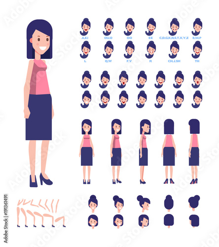 Business lady character for your scenes. Character creation set with various views, face emotions, lip sync, poses and gestures. Parts of body template for design work and animation.