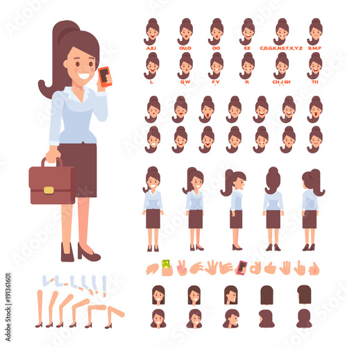 Business lady character for your scenes. Character creation set with various views, face emotions, lip sync, poses and gestures. Parts of body template for design work and animation.