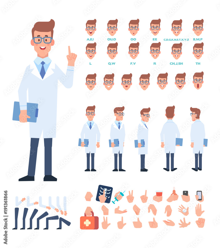 Male Doctor character. Character creation set with various views, face emotions, lip sync, poses and gestures. Parts of body template for design work and animation. Male Doctor character. Character creation set with various views, face emotions, lip sync, poses and gestures. Parts of body template for design work and animation.
