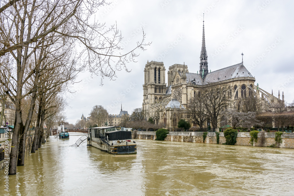 View of the swollen Seine at the foot of Notre-Dame de Paris cathedral, during the winter flooding episode of January 2018, causing the riverboats moored at the Montebello port to be inaccessible.