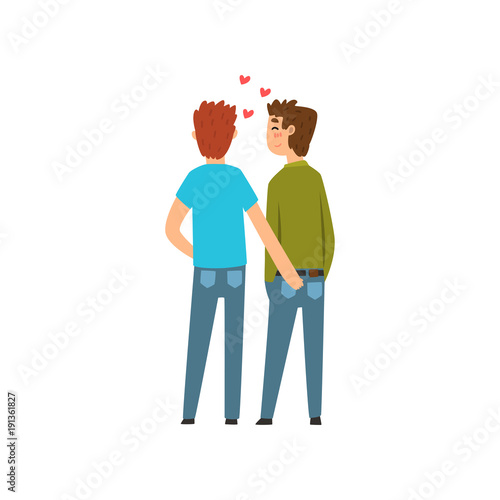 Gay couple, lgbt men in love, back view cartoon vector Illustration
