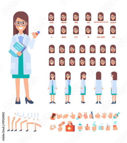 Front, side, back view animated character. Female doctor character creation set with various views, hairstyles, face emotions, poses and gestures. Cartoon style, flat vector illustration.