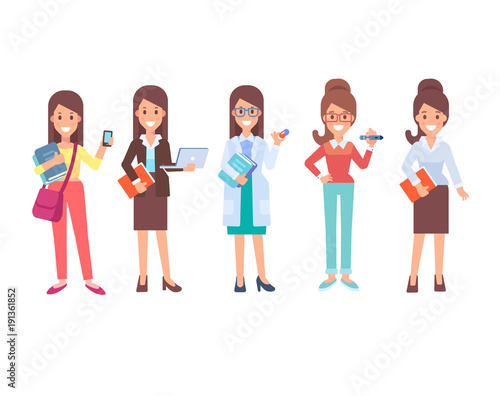 Set of characters in a flat style. Women's profession. Doctor, student, designer, teacher, manager. 
