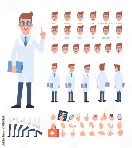 Male Doctor character. Character creation set with various views, face emotions, lip sync, poses and gestures. Parts of body template for design work and animation.
