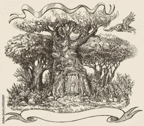 House in a tree. Old oak as a symbol of wisdom.Fairy forest. Wizard's housing.