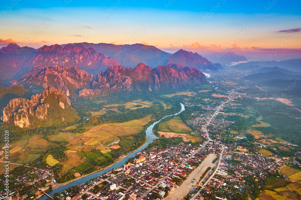 Aerial view of the fields, river and mountain. Beautiful landscape. Laos.