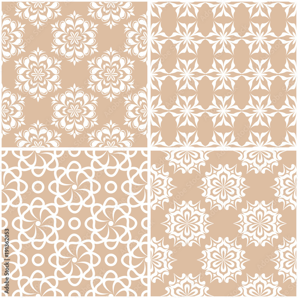 Floral patterns. Set of beige and white seamless backgrounds Floral patterns. Set of beige and white seamless backgrounds